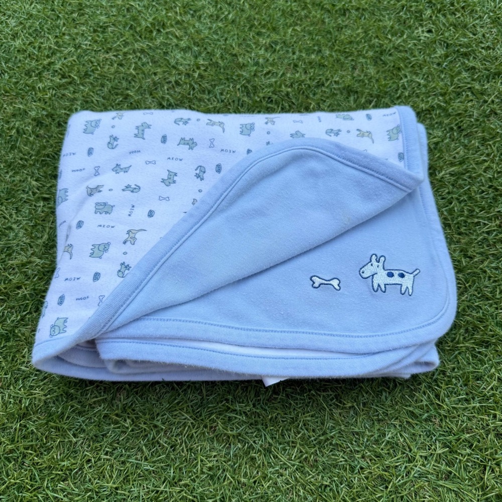 Vtg 1999 Gymboree Blue Dog Puppy Print Cotton Baby Blanket Kidcore Double Side
